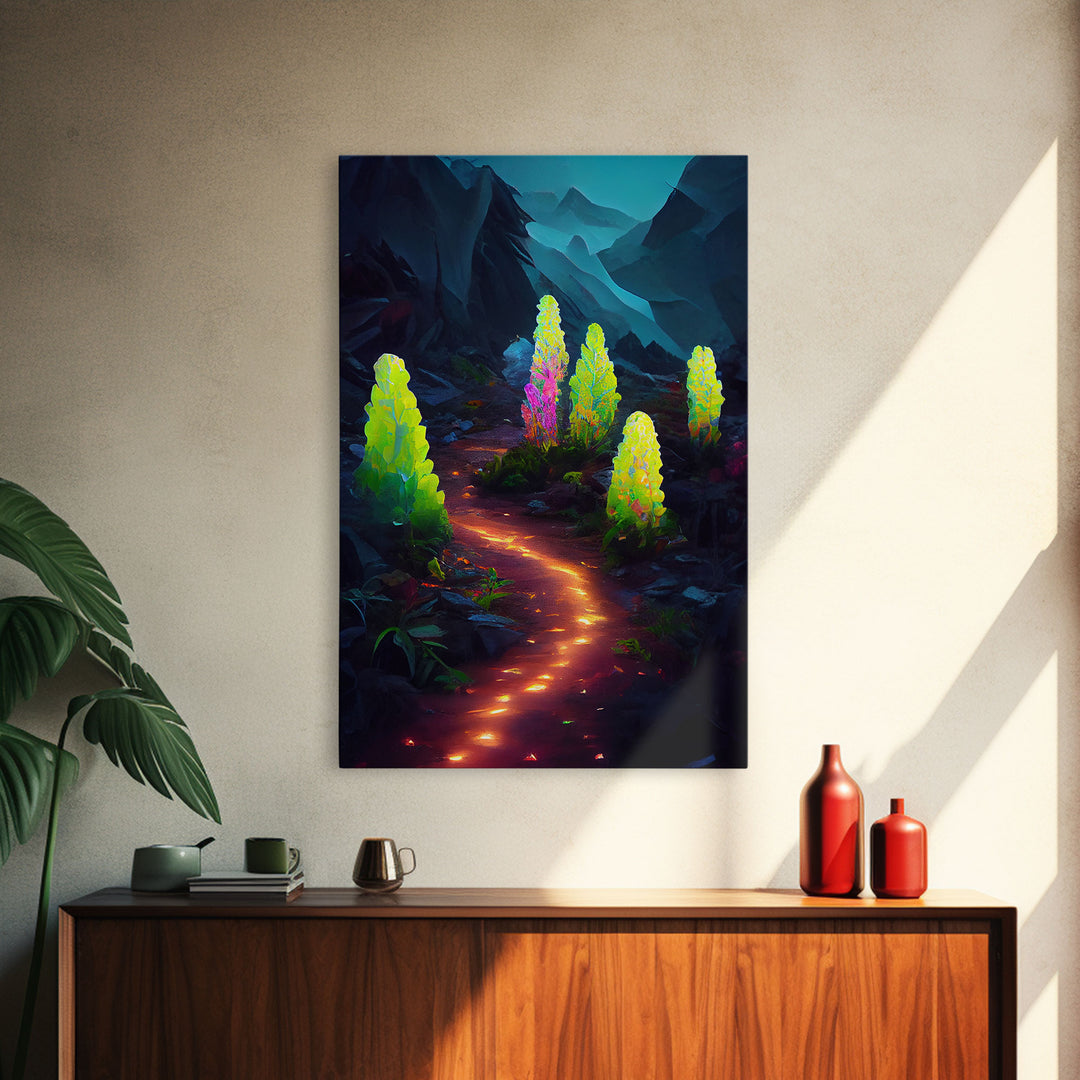 Magical forest canvas print, glowing mushroom art, fantasy forest wall art, gloomy dark home decor, luminescent forest trail wall art