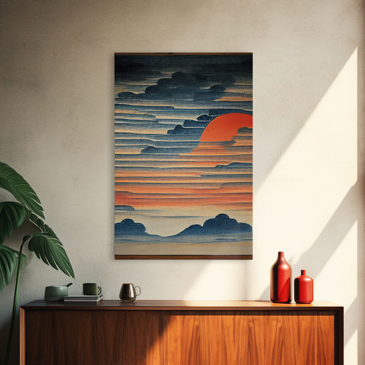 Japanese style wall art, sunrise over the mountains, canvas print, woodblock print style art, Hokusai style wall art
