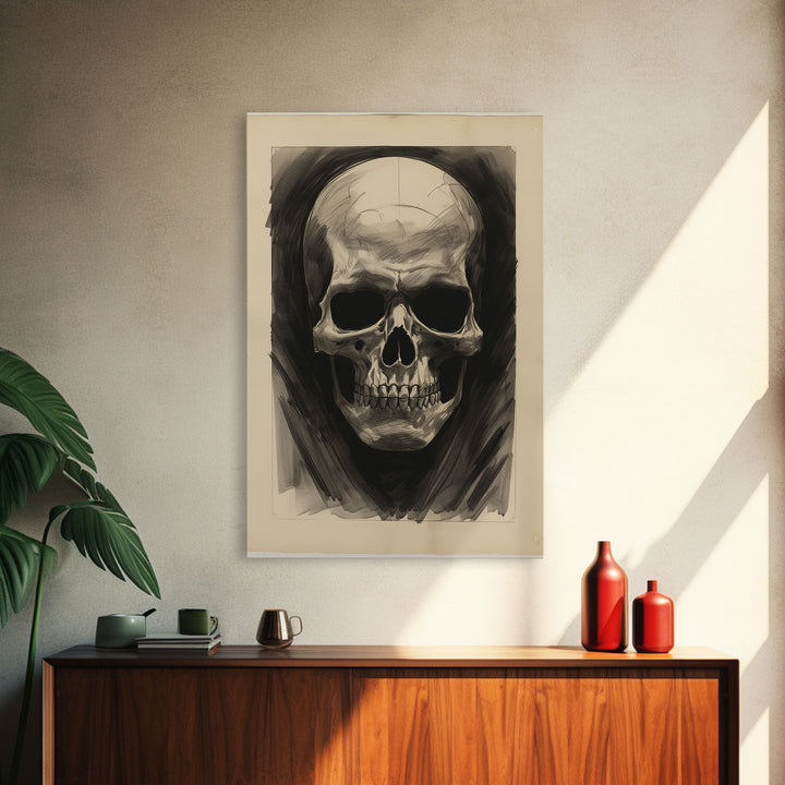 Charcoal Drawing, Human Skull, Gothic Art Print, Spooky Decor, Canvas Print, Wall Art, Vertical Art, Gaming Wall Decor, Office Wall Decor