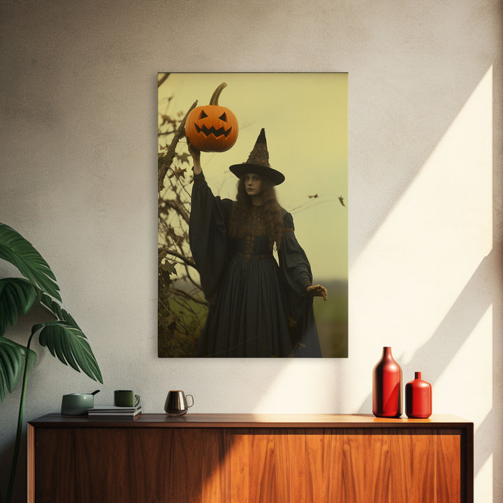 The Witch, Spooky Victorian Witch Photography Daguerreotype, Tin Type, Framed Canvas Print, Victorian Witches, Halloween Decor