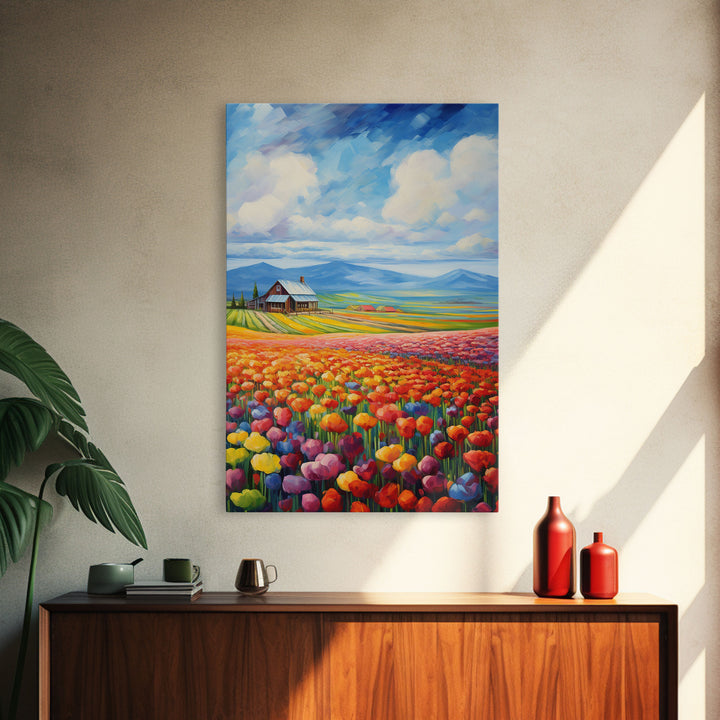 Flower Farm Wall Art, Tulip Field, Countryside Wall Print, Canvas Print, Wall Art, Vertical Art, Gifts For Grandma, Tiny House Decor