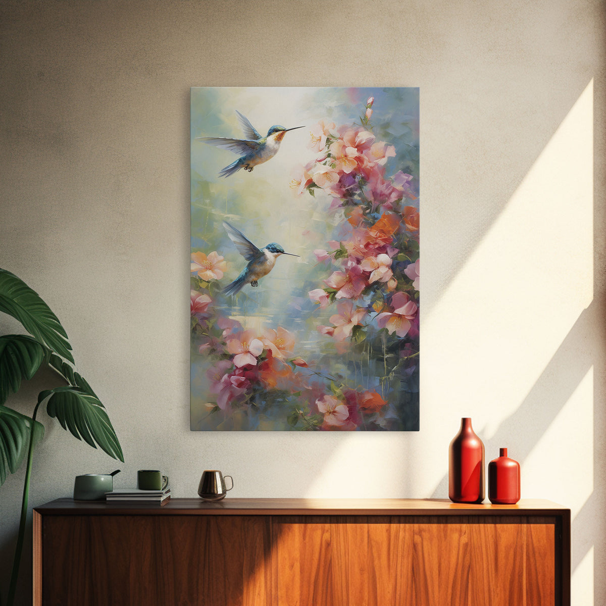 Hummingbirds Wall Art, Flowers Wall Print, Spring Art, Canvas Print, Wall Art, Vertical Art, Botanical Art Print, Gift For Women, Home Decor