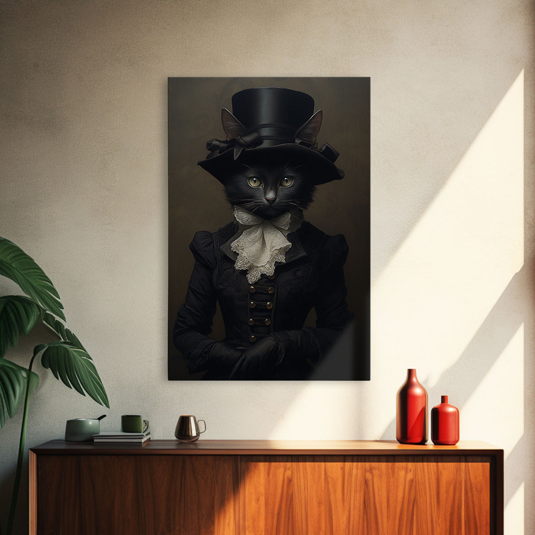 Cute Renaissance Cat, Black Cat Print, Goth Home Decor, Art Canvas Print, Dark Academia, Gothic Victorian, Halloween Decor, Witch Familiar