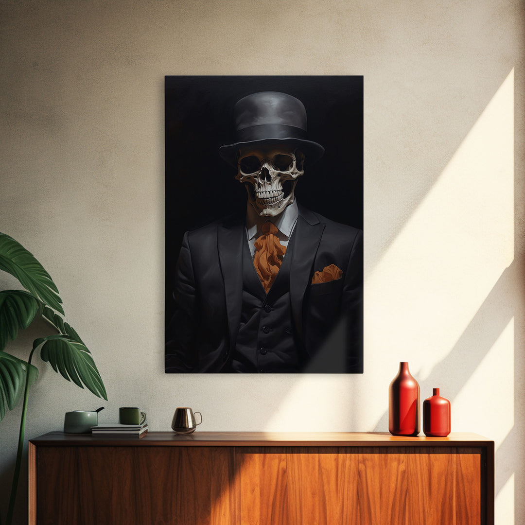 Spooky Skeleton Business Man, Halloween Art, Framed Canvas Print, Halloween Canvas, Skeleton Painting, Victorian Gothic Decor