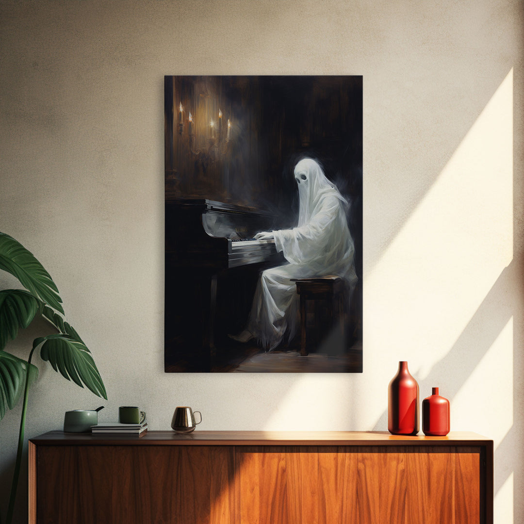 Spooky White Ghost Playing A Piano, Gothic Victorian Halloween Art, Halloween Decoration / Wall Art, Skeleton Art, Gothic Oil Painting