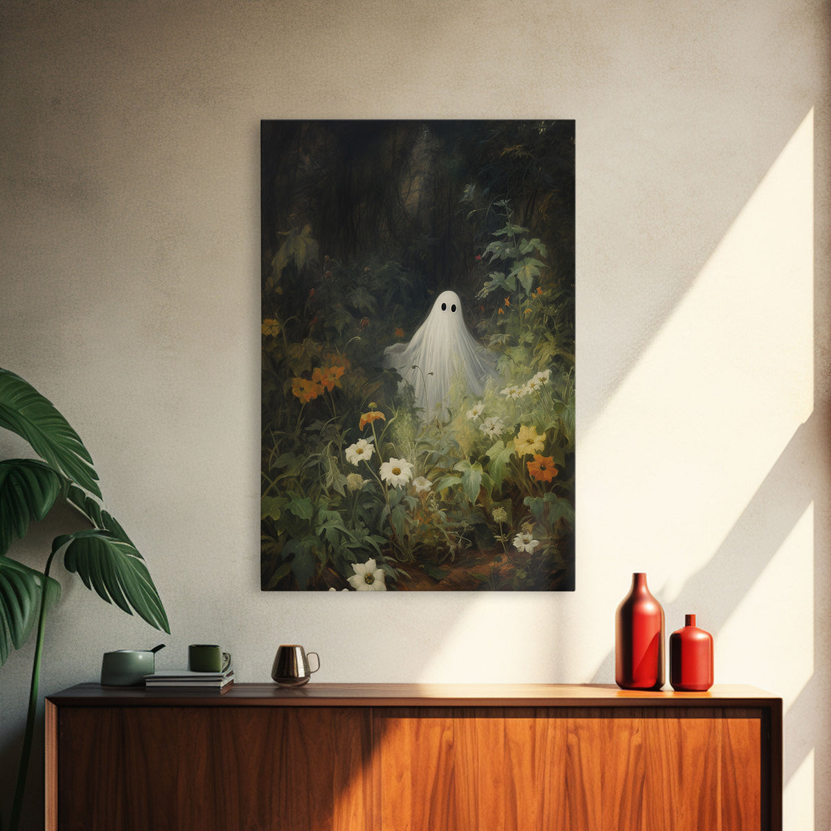 The Ghost Amongst The Flowers, Halloween Canvas Print, Framed Canvas Art, Halloween Decor, Dark Academia, Horror Prints, Oil Painting