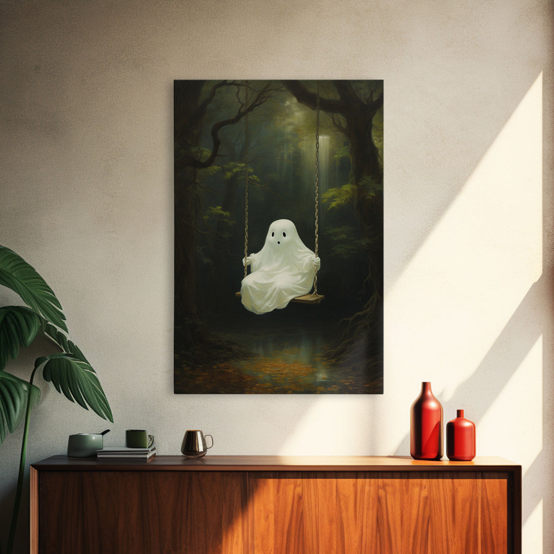 Cute Little Boo Playground Ghost, Funny Halloween, Vintage Halloween Canvas, Framed Canvas Print, Cute Wall Art, Ghost On A Swing, Macabre