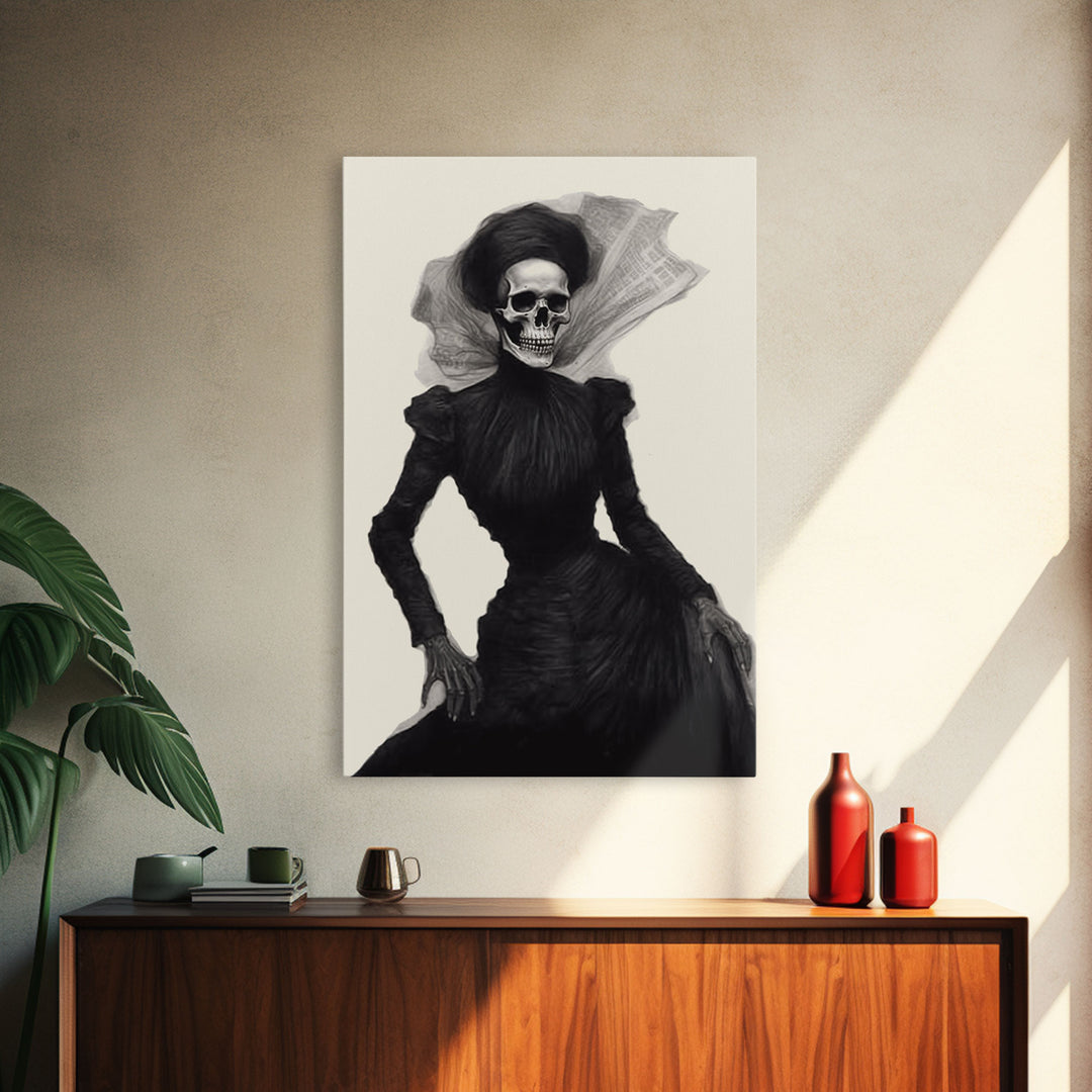 Halloween Skull Charcoal Sketch Canvas Print, Halloween Wall Art, Macabre Painting, Death Mask