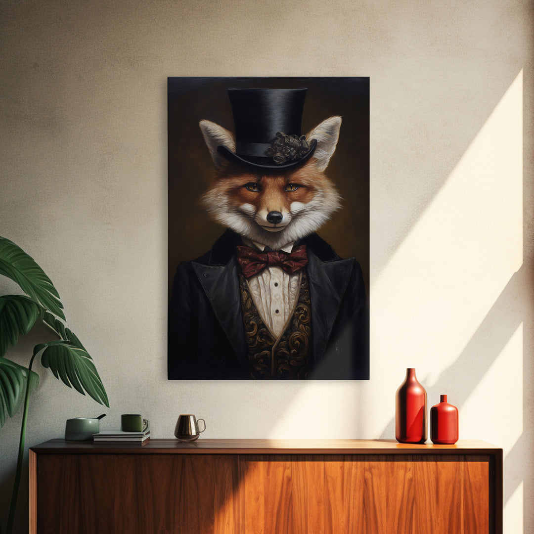 The Dapper Gentleman Business Fox, Framed Canvas or Canvas Print, Halloween Decor, Dark Academia, Funny Halloween Decorations