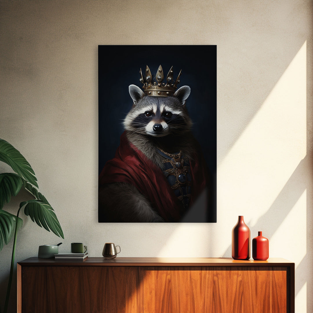 The King Of The Racoons, Framed Canvas Print Or Canvas, Victorian Animal Print Oil Painting, Funny Halloween Decor