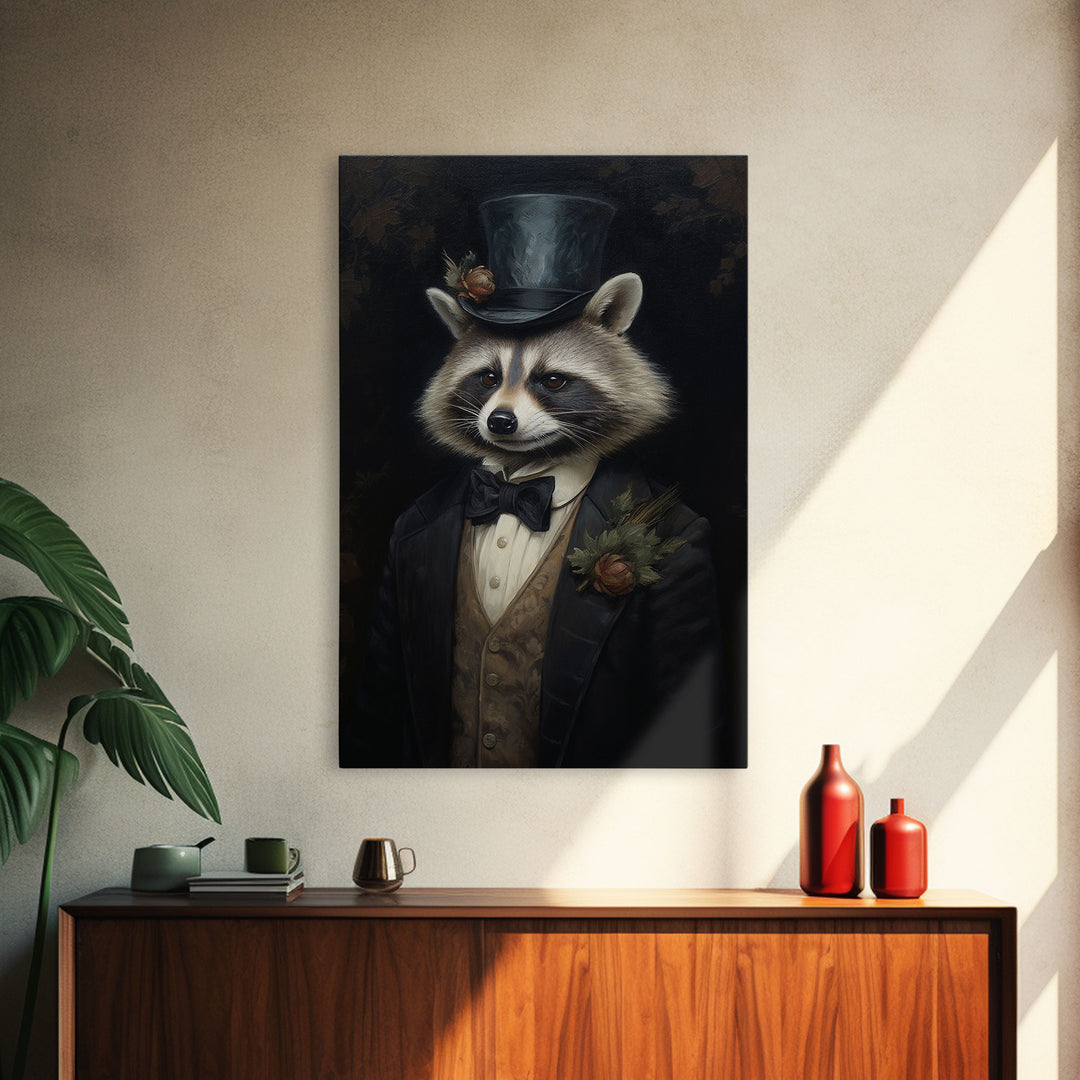 Distinguished Dapper Gentleman Raccoon, Funny Animal Prints, Humorous Art, Framed Canvas, Wall Art, Canvas Print, Funny Halloween Decor