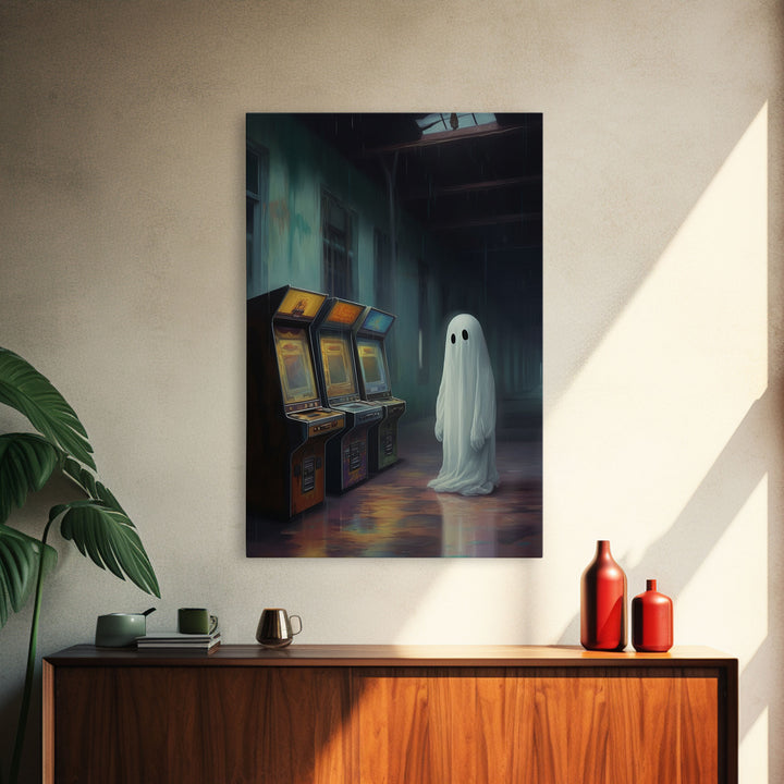 Ghost in an Abandoned Arcade, Nostalgia Canvas, Art Canvas Print, Dark Academia, Gothic Retro, Game Room Art, Halloween Decoration