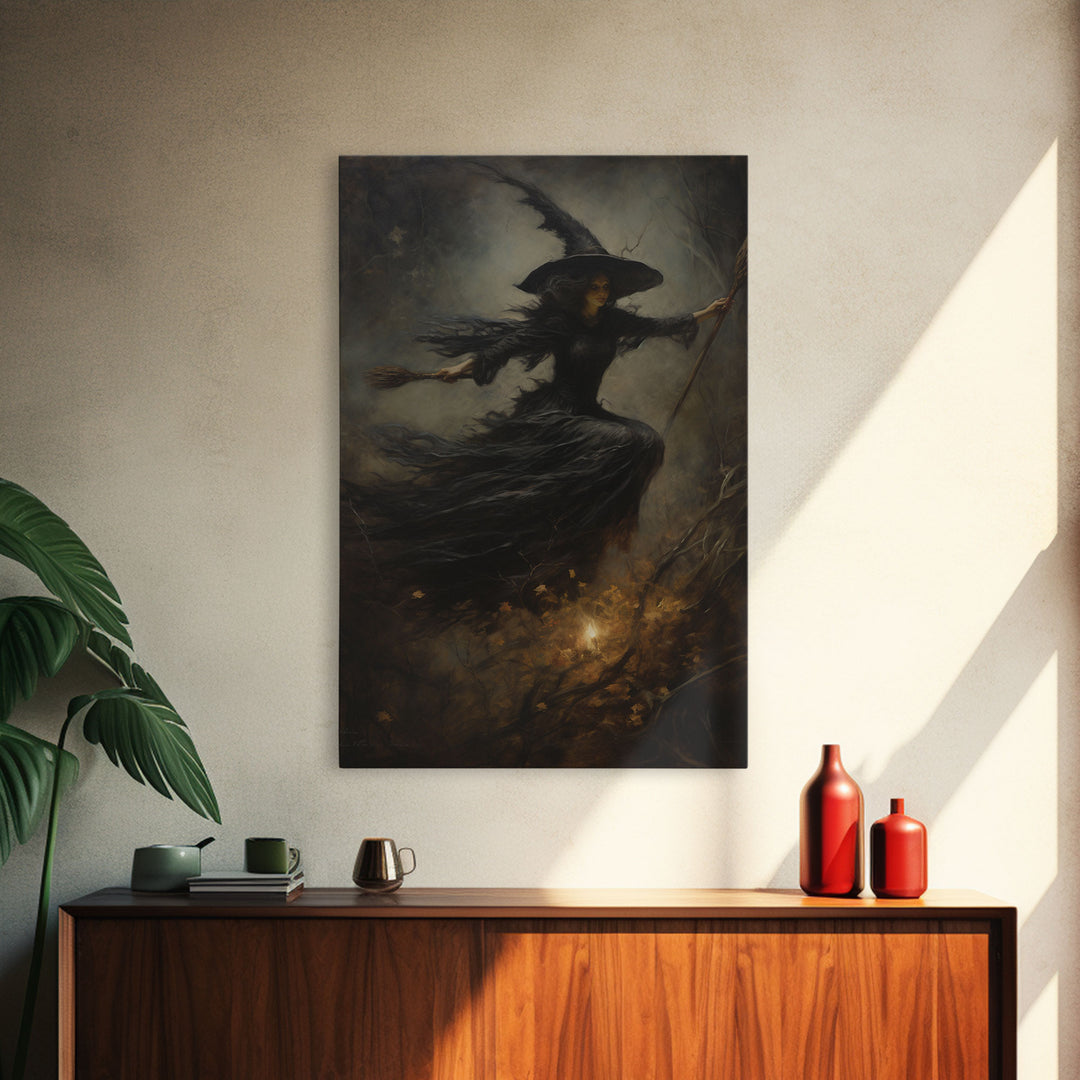 Spooky Season Witch Decor, Witch Painting Framed Canvas Print, Halloween Art, Witch Art, Witchcraft, Witch Decor, Felt Witch Hat