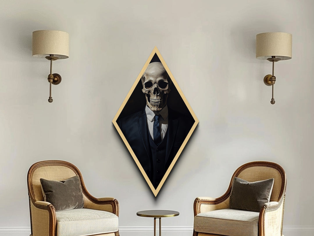 "Death in a Suit" Skeleton in Business Attire Canvas Embossed Print, Dark Academia Diamond Shaped Art for Gothic Office or Halloween Wall Decor