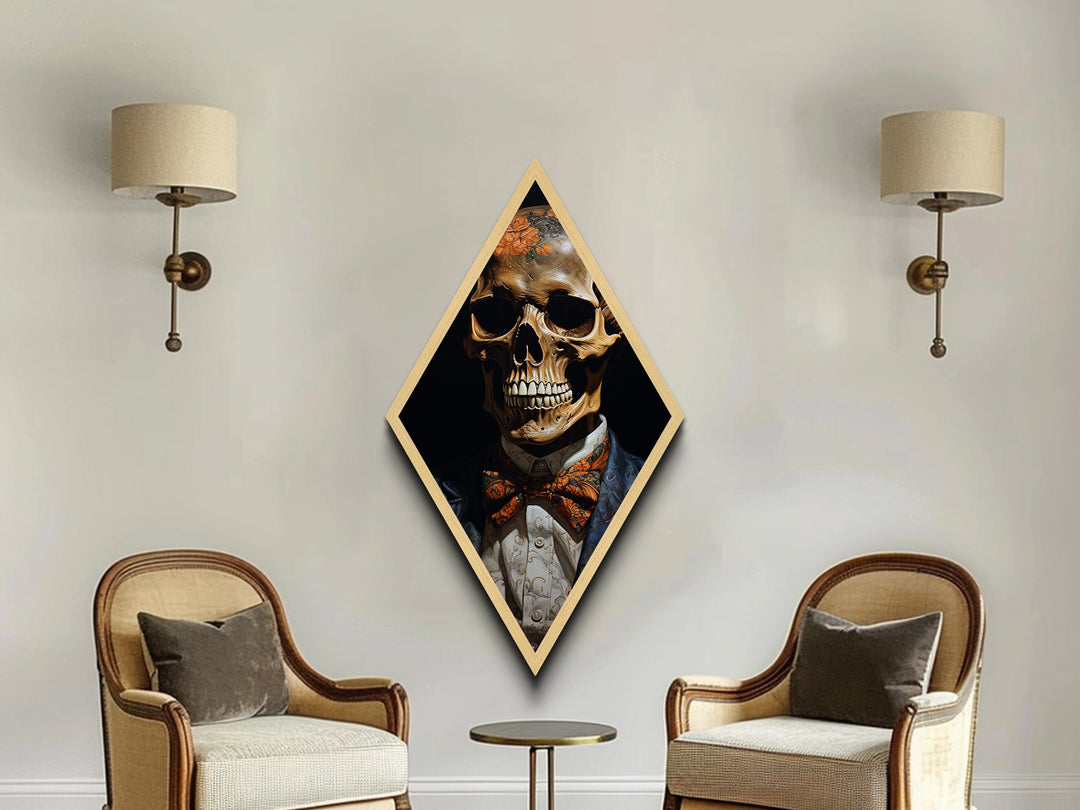 "Florals for the Dead" Skeleton with Flowered Skull and Pumpkin Bowtie Canvas Art Print, Diamond Shaped Halloween Decor in Gothic Baroque Style