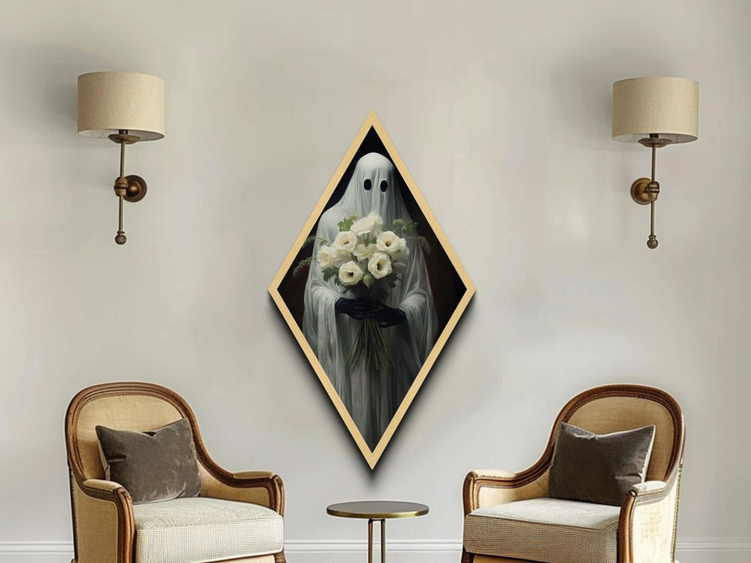"Ghost with Flowers" Diamond Shaped Art Spirit Holding White Bouquet Canvas Art Print, Gothic Halloween Decor in Dark Academia Romantic Style