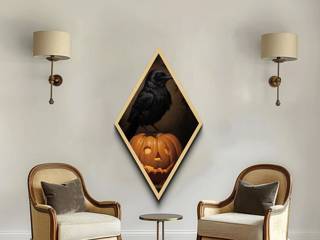 "Crow and Lantern" Gothic Halloween Crow on Pumpkin Canvas Embossed Print, Diamond Shaped Art for Dark Academia or Spooky Autumn Wall Decor