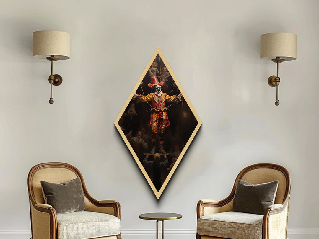 "The Hollow Ringleader" Diamond Shaped Art of Marionette Clown Canvas Embossed Print, Gothic Halloween Carnival Decor in Dark Circus Style