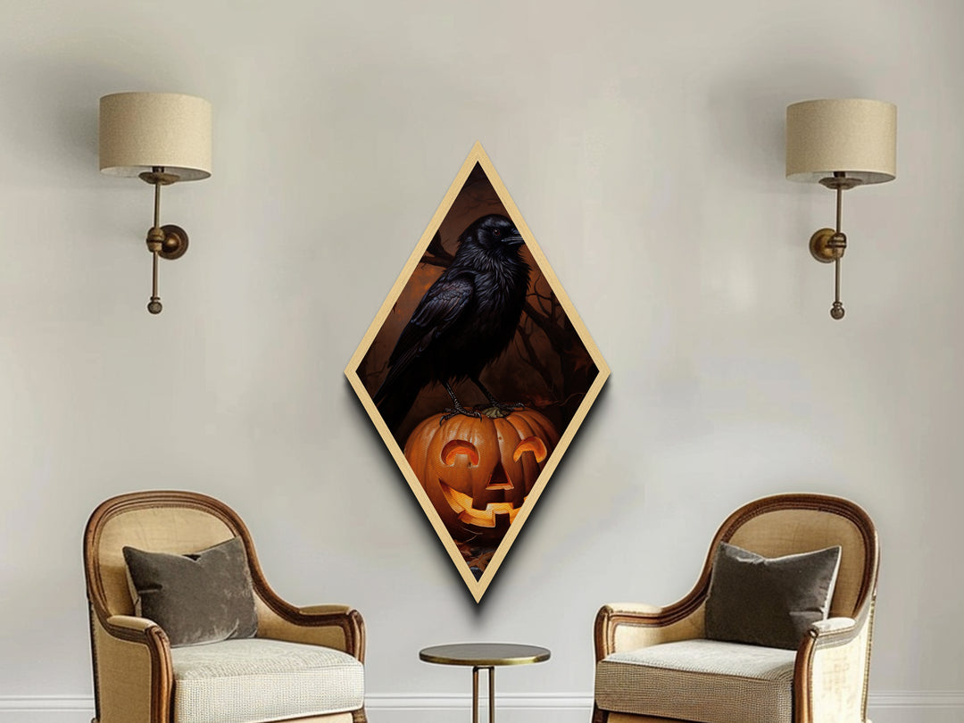 "Cackle Lantern" Gothic Crow and Glowing Jack-O'-Lantern Canvas Embossed Print, Diamond Shaped Art for Dark Halloween and Autumn Vibes