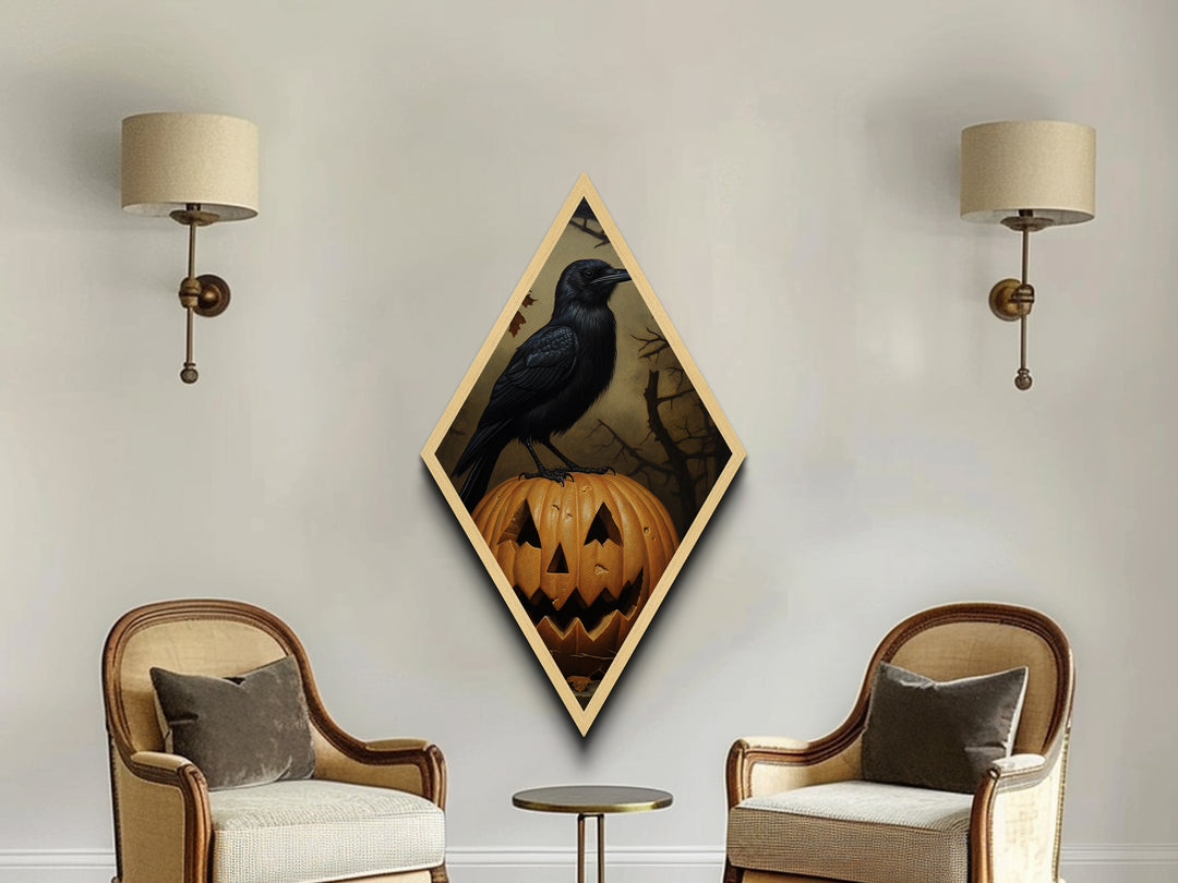 "Nevermore Pumpkin" Diamond Shaped Art of Crow on Pumpkin Canvas Art Print, Moody Halloween Wall Decor for Gothic and Dark Academia Homes