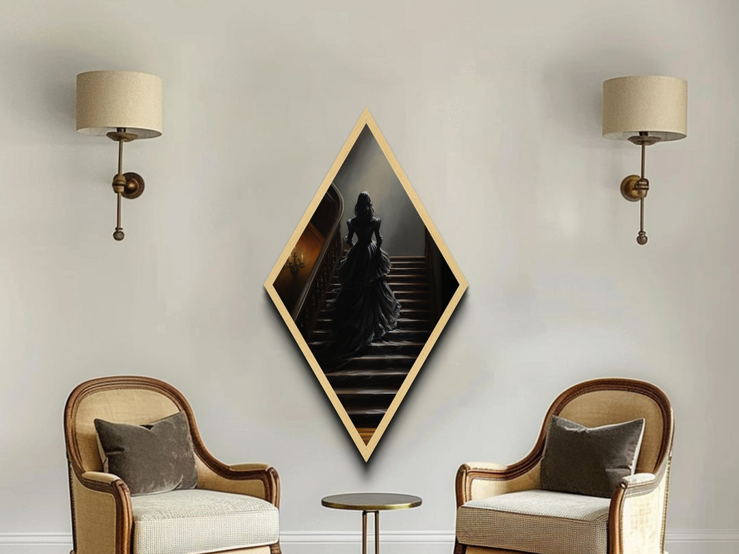 "Echoes Upstairs" Diamond Shaped Art of Victorian Woman Ascending Stairs Canvas Art Print, Gothic Haunted House Halloween Wall Decor
