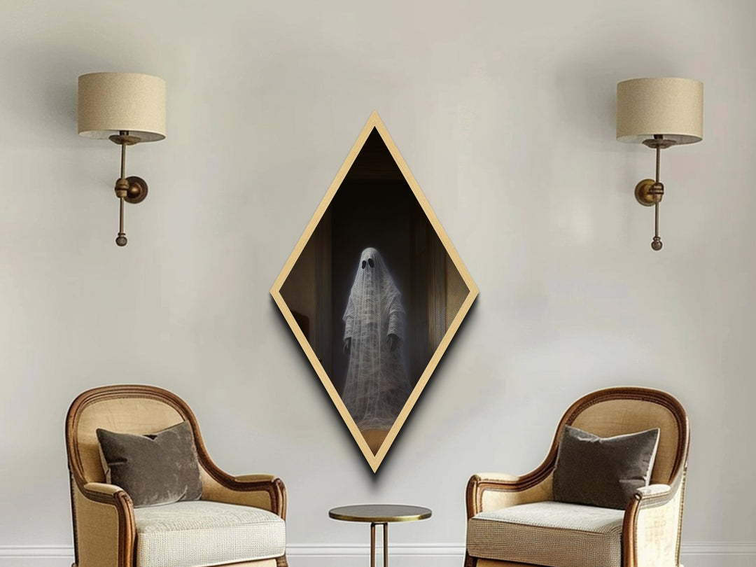 "The Hallway Pause" Diamond Shaped Art of Ghost in Doorway Canvas Art Print, Gothic Halloween Decor with Dark Academia Haunted House Vibes