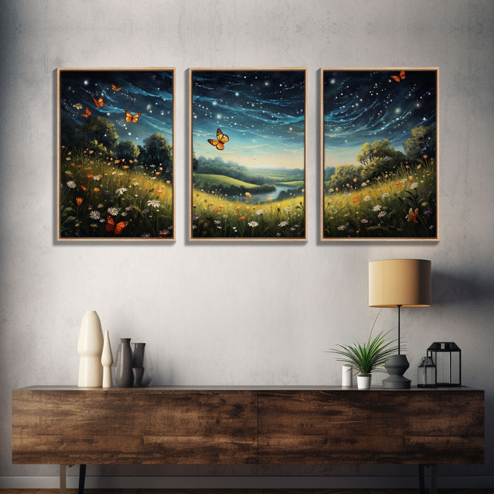 Wildflower Meadow. Wildflower Art, Canvas Print, Butterflies, Wall Art, 3 Piece Wall Art, Country Home Decor, Indie Room Decor, Room Decor