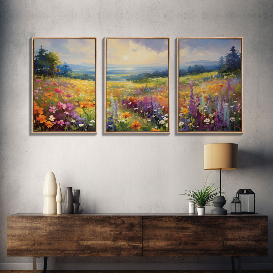 Beautiful Wildflowers Triptych, Wild Flower Art, Watercolor Floral Framed Canvas Print, Wall Art, Rustic Farmhouse Decor, 3 Piece Set