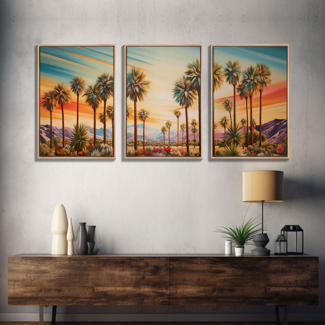 Retro Vibes, Arizona Desert Sunset, Framed Canvas Prints, 3 Piece Wall Art, Arizona Desert, Vintage Style Landscape Art, Southwestern Decor