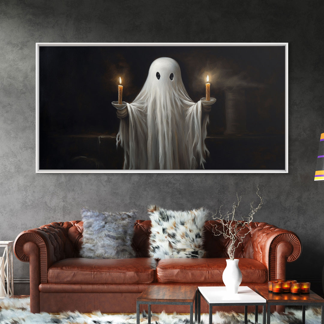 Cute Ghost Holding Candles, Framed Canvas Print, Dark Academia Wall Art, Victorian Oil Painting Style Halloween Wall Art, Ghost Print