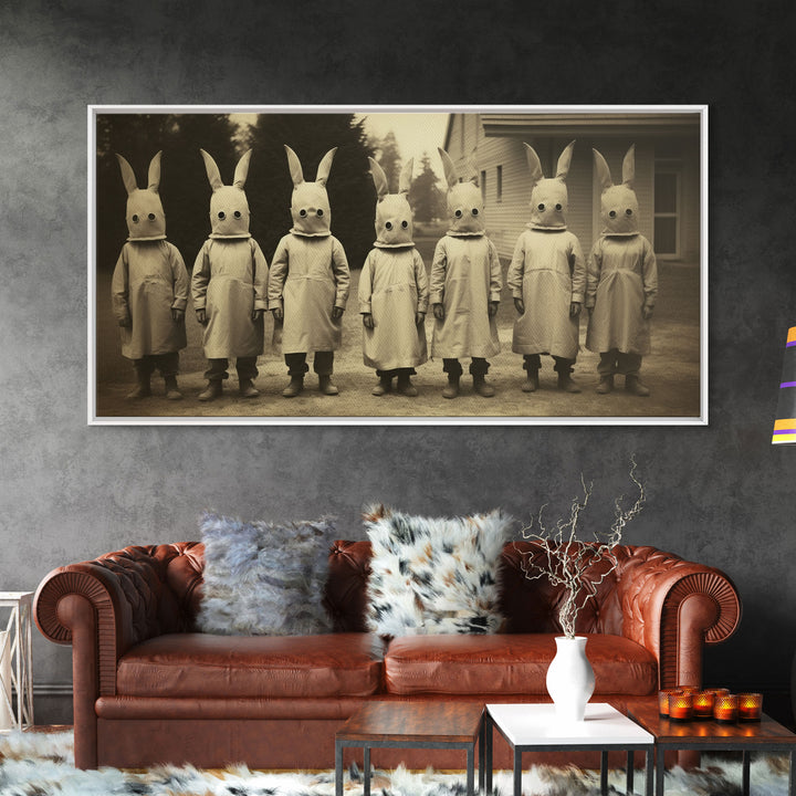 Cult Of The Bunny, Creepy Halloween Trick Or Treaters, Framed Canvas Print, Vintage Tintype Photography Art, Halloween Art Print