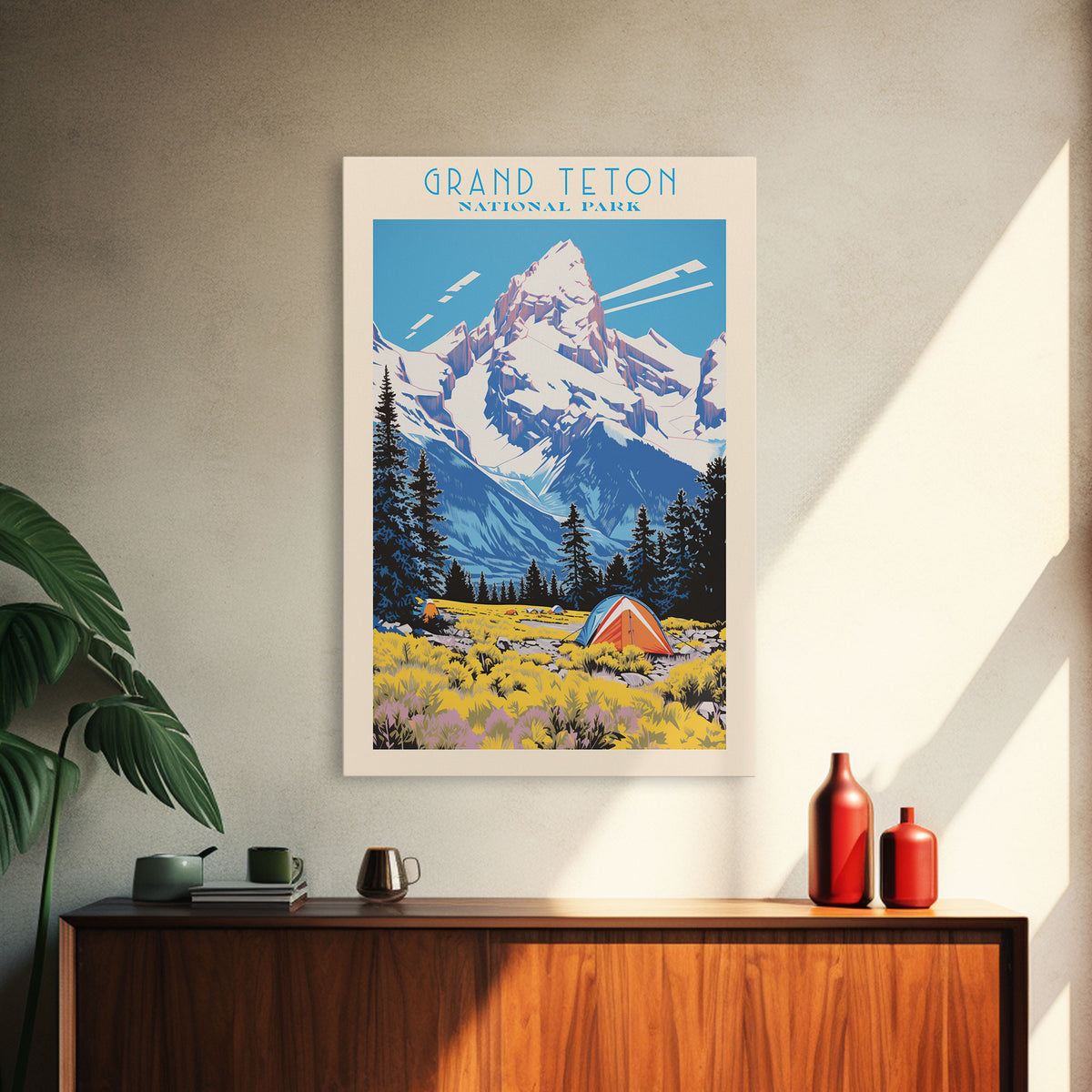 Grand Teton National Park Wyoming Travel Art, National Park Print, Minimalist Travel Art, Midcentury Modern Style Landscape Painting