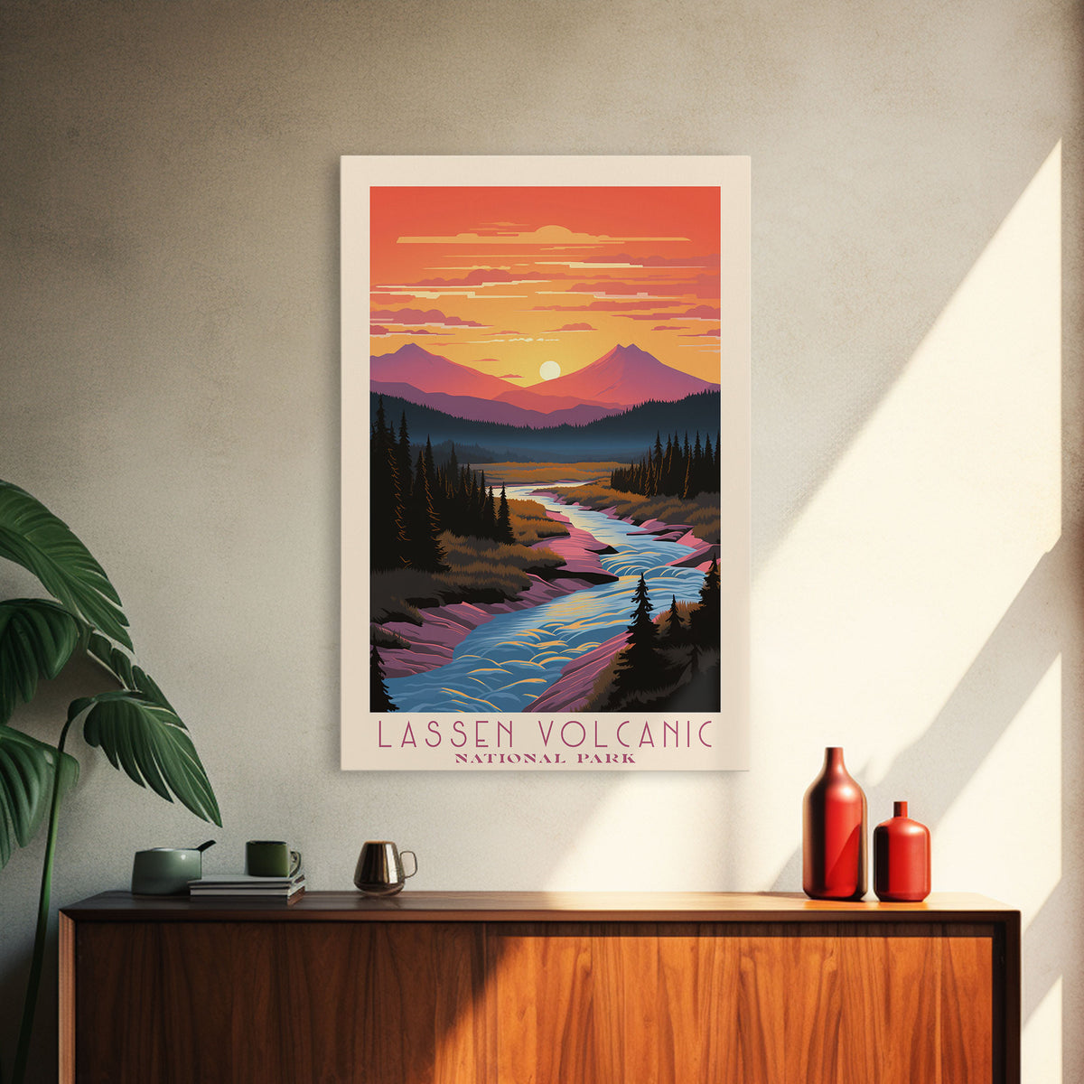 Lassen Volcanic National Park California Travel Art, National Park Print, Minimalist Travel Art, Midcentury Modern Style Landscape Painting