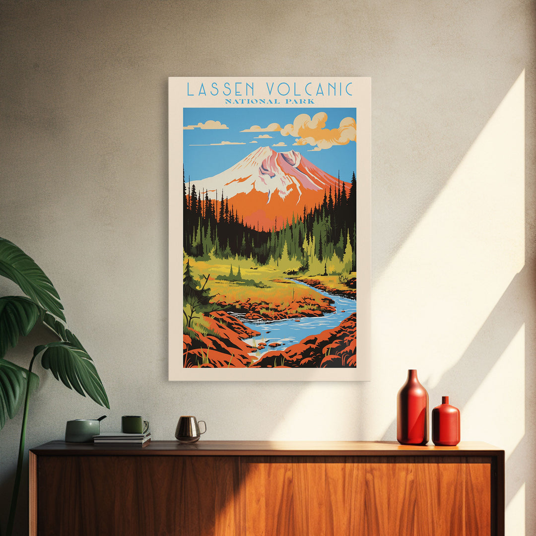 Lassen Volcanic National Park Alaska Travel Art, National Park Print, Minimalist Travel Art, Midcentury Modern Style Landscape Painting