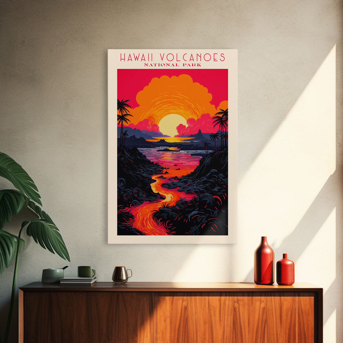 Hawaii Volcanoes National Park Hawaii Travel Art, National Park Print, Minimalist Travel Art, Midcentury Modern Style Landscape Painting