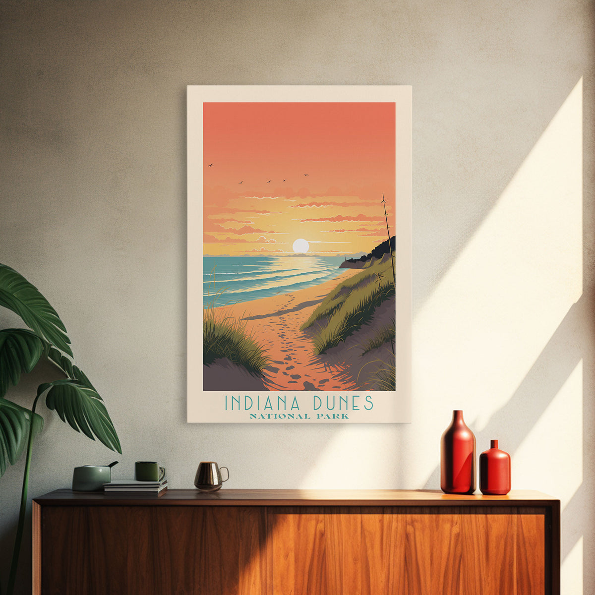Indiana Dunes National Park Travel Poster Art, Canvas Print Wall Art, Indiana Travel Art, Midcentury Modern Travel Decor, Wall Art