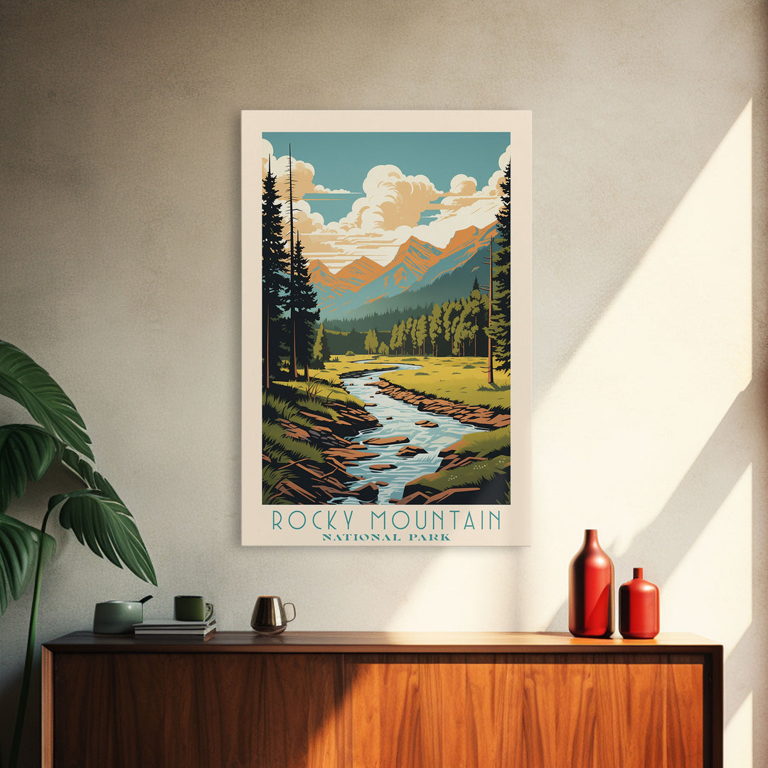 Rocky Mountains National Park Colorado Travel Art, National Park Print, Minimalist Travel Art, Midcentury Modern Style Landscape Painting