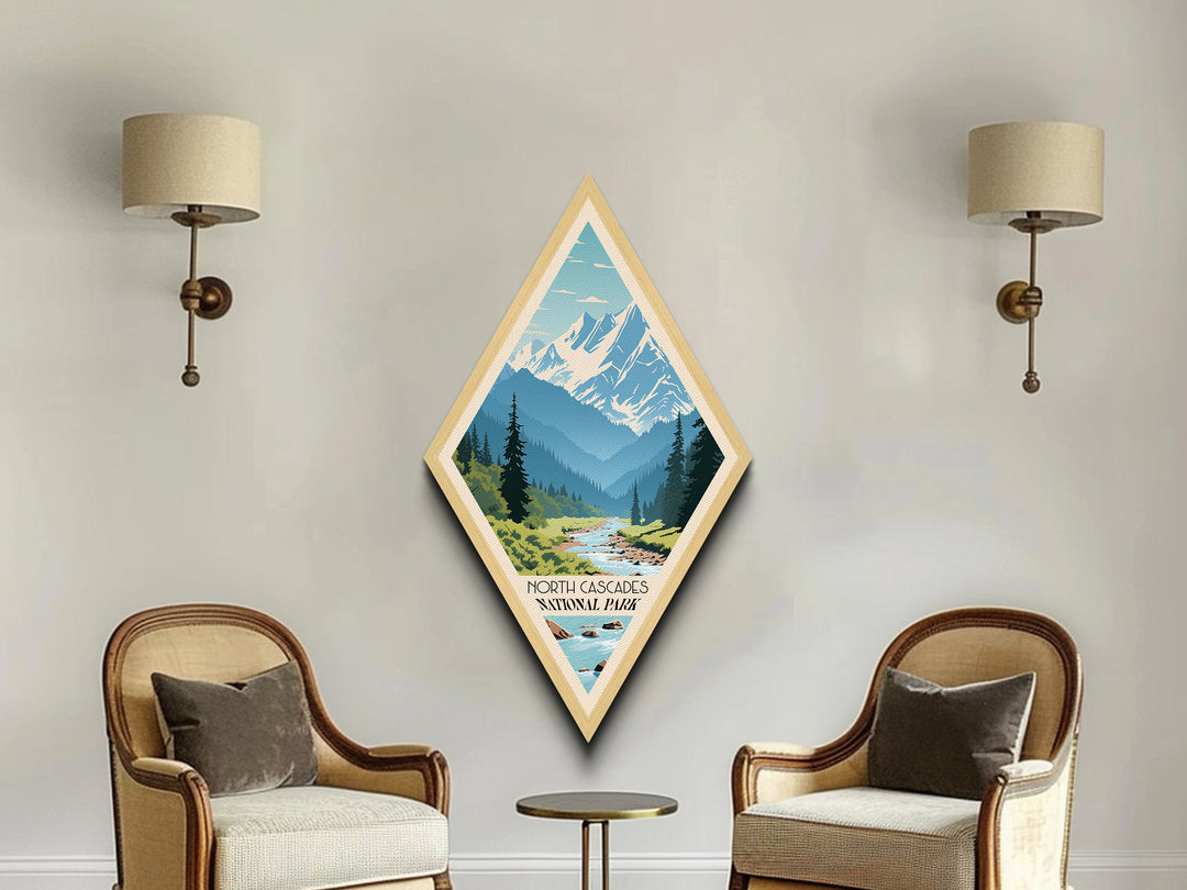 North Cascades National Park Diamond Shaped Travel Poster Canvas Art Print, Canvas Wall Art, Travel Gift, Washington Travel Art