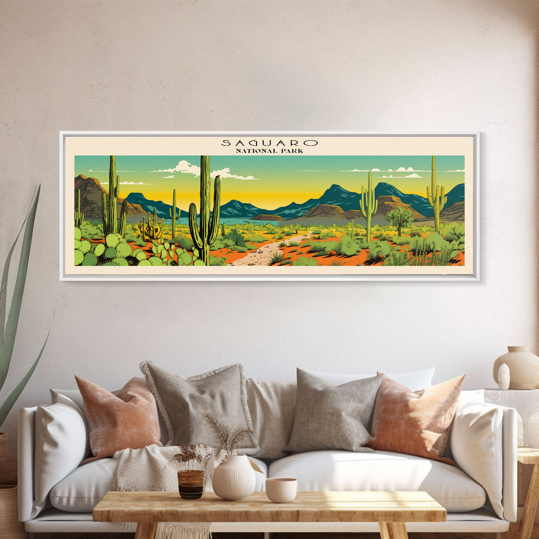 Saguaro  National Park Panoramic Arizona Travel Art, National Park Print, Minimalist Travel Art, Subdued Watercolor Painting Panoramic