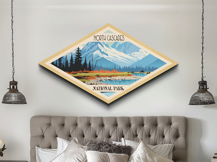 North Cascades National Park Diamond Shaped Travel Poster Art Canvas Art Print, Canvas Wall Art, Travel Gift, Washington Travel Art