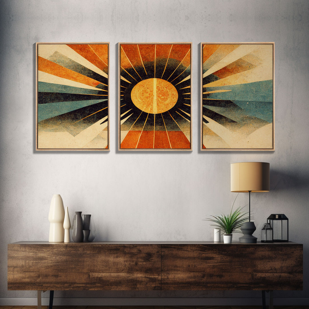 Abstract Midcentury Modern Sunburst, Art Deco Style art, sun with rays, sun burst, boho style, 3 Piece Wall Art, Ready To Hang Canvas Print