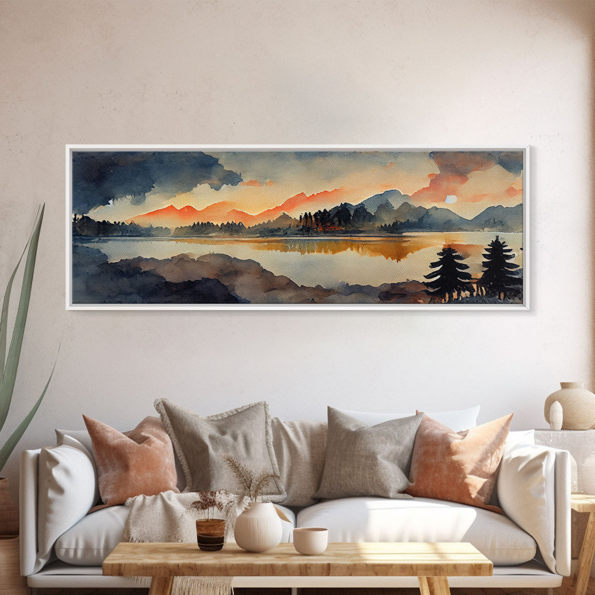 Watercolor painting of a forest fire, canvas print, landscape art, cool living room art, depressing art, Panoramic Ready To Hang wall decor