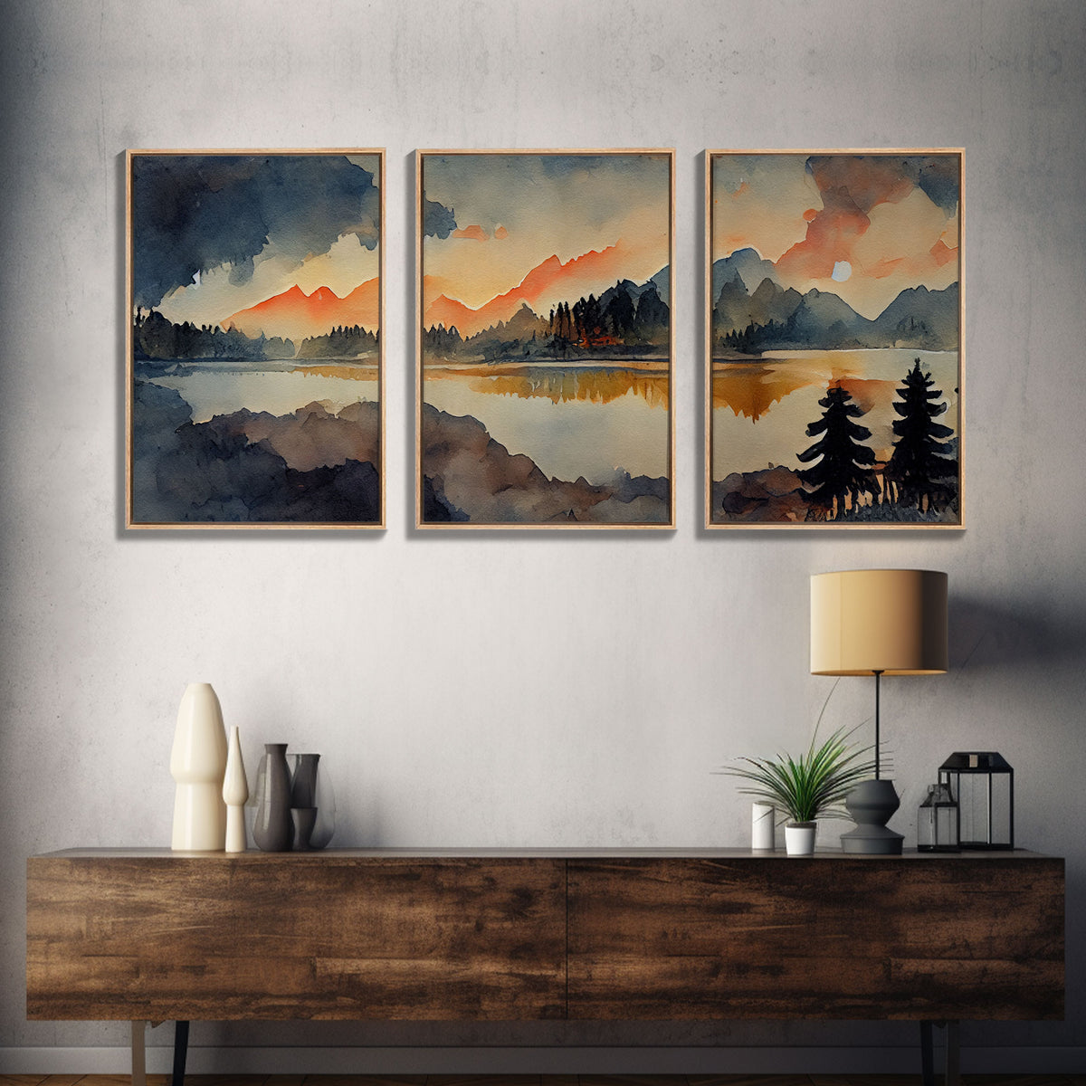 3 Piece Canvas Wall Decor, Ready To Hang Canvas Prints, Watercolor Of A Forest Fire, Orange Landscape Sunset Art, Canvas Wall Decor