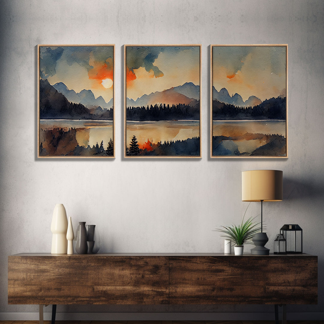 Watercolor Painting Of A Sunrise, Orange Forest and Mountain Landscape, 3 Piece Canvas Decor, 3 Piece Wall Art, Ready To Hang Canvas Prints
