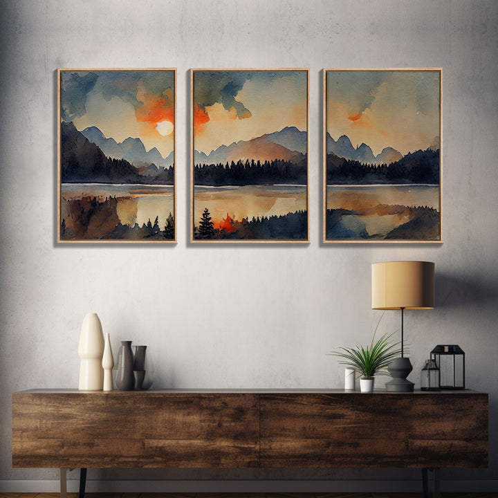 Watercolor Painting Of A Sunrise, Orange Forest and Mountain Landscape, 3 Piece Canvas Decor, 3 Piece Wall Art, Ready To Hang Canvas Prints