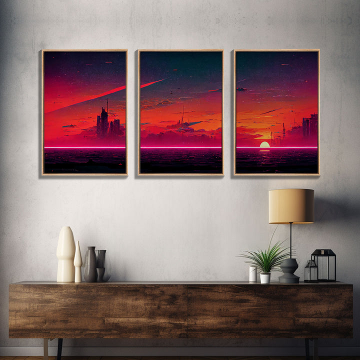 Cyber punk City At Sunset, Outrun, 3 Piece Wall Art, Ready To Hang Canvas Print, Cool Unique Mancave wall Art Decor
