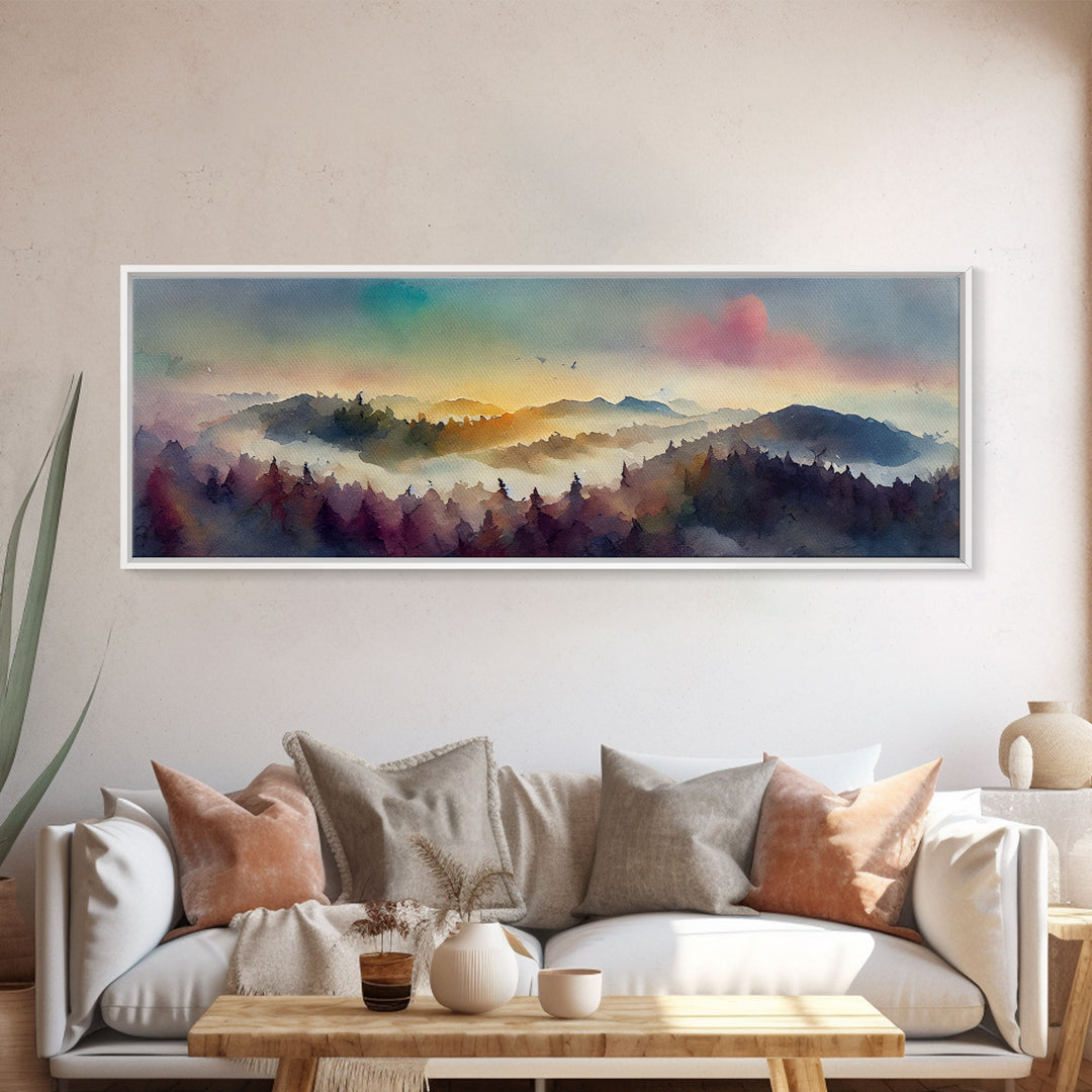 Dramatic Watercolor Sunset Landscape, Ready To Hang Canvas Print, Panoramic, Emerald Green Landscape Wall Decor, Watercolour Painting