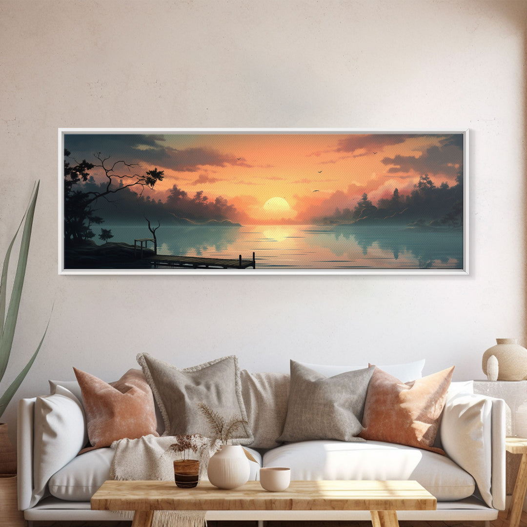 Custom Lakehouse Wall Art Framed Canvas Print, Gift For Him / Her, Lake House Decor, Watercolor Painting Of A Sunset Over The Lake