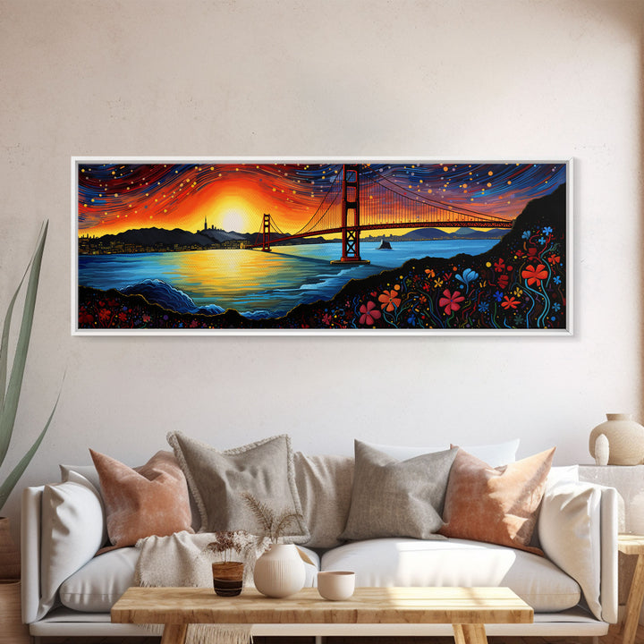 Golden Gate Bridge Abstract Panoramic Framed Canvas Print, Van Gogh Inspired Original Painting, Colorful California Wall Art