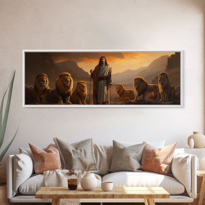Jesus The Lion Of Judah, Framed Canvas Print, Christian Wall Art, Jesus and Lions, Oil Painting of Jesus